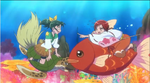 Akane and Nao riding with turtle and fish in sea in the trailer of the movie..