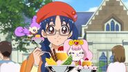 Yuri, Pafu y Aroma comiendo pudin de calabaza en el opening de Go! Princess Pretty Cure: Go! Go! Triple Función Espléndida