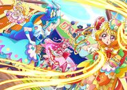 Visual promocional de las Delicious Party Pretty Cure luchando contra los robots de Dreamia