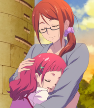 Hugging her mom