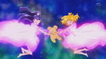 Mirai and Riko saying "Miracle・Magical・Jewelryle!" while holding Mofurun's paws