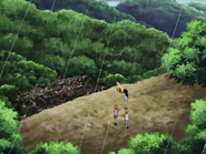 Nagisa, Honoka y Hikari descubren el vertedero en el bosque.