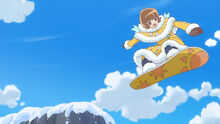 Itsuki rides a snowboard