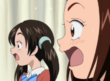 Natsuko and Kyoko shocked from Honoka's hints of their cosplaying