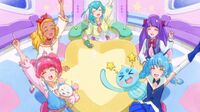 A picture of the five girls, Prunce and Fuwa in the rocket