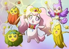 Visual of Pafu, Aroma and the Pan, Puu and Kin using the Miracle Princess Lights to cheer on Pretty Cure