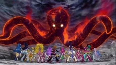 Pulpo rojo gigante frente a las Pretty Cure
