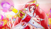 Cure Ace holding Love Kiss Rouge while the jewel turns purple.