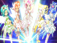 Rainbow Yes! Pretty Cure 5 invocando la Explosión de la Rosa Arcoiris Pretty Cure en Pretty Cure All Stars DX3.