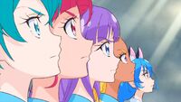 The 5 girls stand in a line to face Garuouga