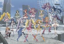 An Action Shot of all 14 Cures taken from the Pretty Cure All Stars DX Catalog