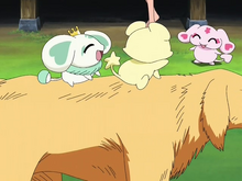 Pollun and Mepple rides on Chuutaro's back