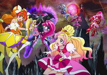 Promotional screenshot of some of the Cures battling Dyspear and Goyan