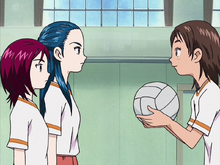 Michiru and Kaoru approach by Hitomi asking if they want to play volleyball