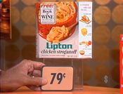 Third, she picks 3 Lipton chicken stroganoffs which come to...