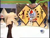 His last throw has missed the circle. Unfortunately, he has lost.