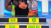 He says the Chex Mix family size snack mix is more expensive than the Taco Ball Verde salsa.