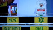 Tara says the King Arthur flour is more expensive than the Jif peanut butter.