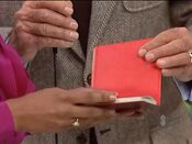 She picks the red autograph book.