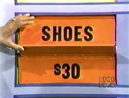 She keeps the shoes. The crepe pan is $30 and goes into the give column for a total of $55.