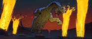 The infected Argentinosaurus lunges through the lava field in pursuit of Spear and Fang.