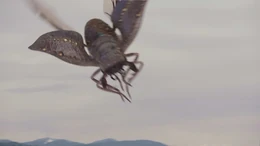 A Jurassic Beetle queen flying using its wings and attempting an aerial attack