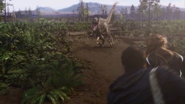A Utahraptor about to attack Evan Cross and Dylan Weir in the Cretaceous