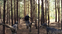 Three juvenile Raptors chase Abby in the Cretaceous