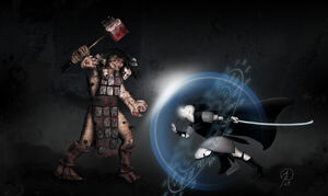 A sorcerous Nonman battling a hideous Bashrag.