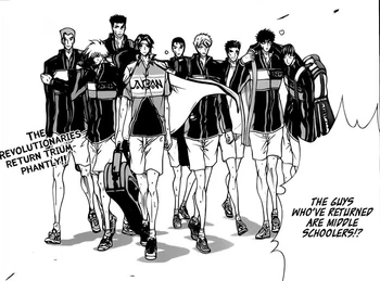 New No.11 - No.19, with the exception of Inui who is just helping Yanagi walk. Kintaro is missing. Niou will be leaving this group in the next few chapters to aim for a higher number. No. 20 Irie is missing from the photo.