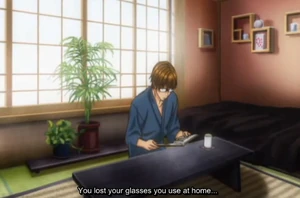 Relaxing in a yukata and glasses at home.