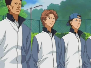 Shishido lining up for the Hyotei VS Seigaku counter with teammates Akutagawa and Kabaji(far right)