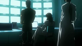 Coach Tsuge, Kurobe, and Saito observing the players in the camp from a monitor room.