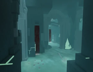 The Garden Reservoir during Hallowtide 2023. Notice how the waterfalls are turned blood red, but not the acid pools they are forming.