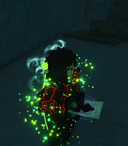 This photo barely shows the item, which is also heavily obscured by enchantments. To make matters worse, the photo is taken in the Depths, thus the lighting is awful.