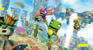 Yooka and Laylee flying on the top of the Duke's Temple