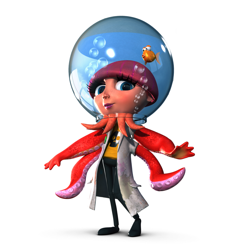An image of the character Dr. Puzz. She's a tall half-woman half-octopus, wearing a stained white labcoat, a yellow T-shirt with a skull on it, and black pants. Her face is a white human face with blue eyes, but the top of her head is pink and resembles an octopus' head, and there are four tiny tentacles coming out of her chin. Her hands are also pink, and there are two large tentacles below it.