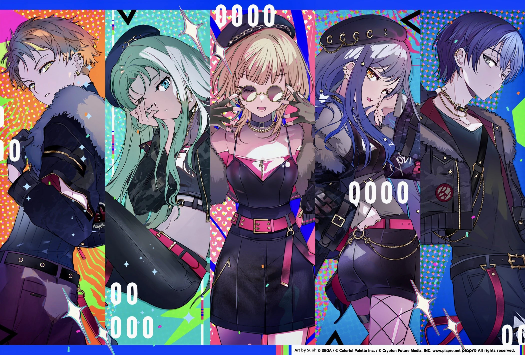 A promotional image of ULTRA C, featuring all 4 Vivid BAD SQUAD members and Hatsune Miku