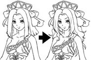 Concept art showing Mii's original hairstyle and her final hairstyle