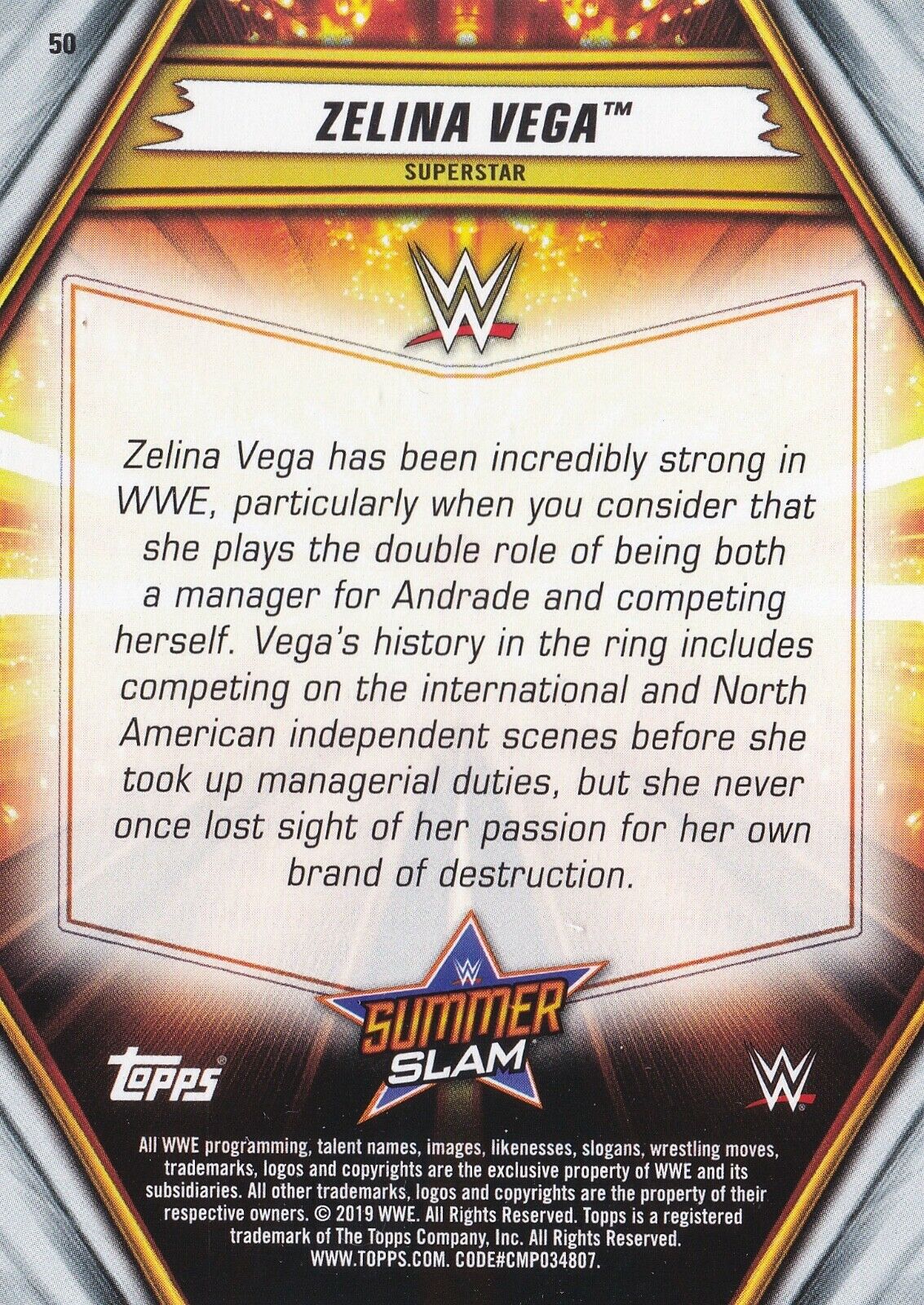 2019 Wwe Summerslam Topps Zelina Vega No 50 Pro Wrestling Fandom