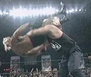 Kevin Nash powerbombs Hulk Hogan.