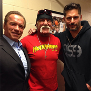 Schwarzenegger with Sabotage movie co-star Joe Manganiello, taking a backstage picture with Hulk Hogan during Monday Night RAW March 24, 2014.