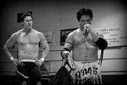 Vendetta Pro Tri-Force Champion Dana Lee making his announcement with Dylan Drake behind him at "April Cruel's Day 2011"