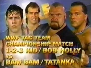 Bob Holly & The 1-2-3 Kid v Tatanka & Bam Bam Bigelow for the vacant WWF Tag Team Championship