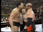 Bradshaw and Vader in engage in a pre-match staredown