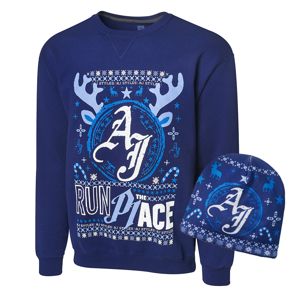 AJ Styles Ugly Holiday Sweatshirt Beanie Package Pro Wrestling