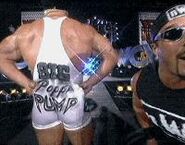 Scott Steiner showing off his tights that say Big Poppa Pump.