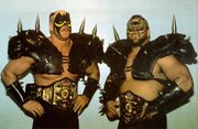 Road Warriors Hawk and Animal as 2/3 of the NWA World 6-Man Tag Team Champions