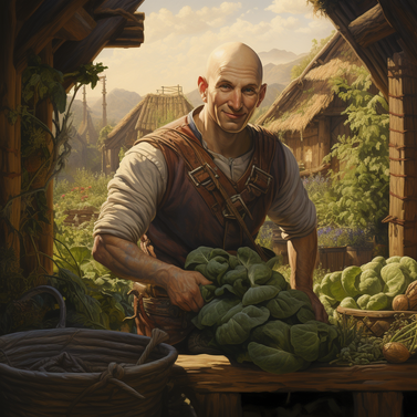 Vortigern99 a bald medieval farmer smiling as he tends to his v 77ead65a-cf8e-48c6-8757-ffc57cde0747