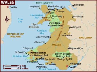 Towns, parks, scale and general features of Wales.